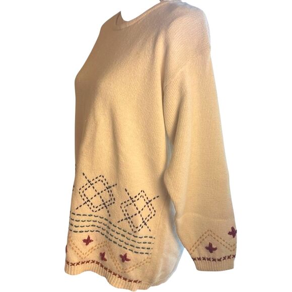 Womens Scandi Nordic Embroidered Ivory Sweater Sz M Rustic Cabincore Cozy VTG - Picture 3 of 16